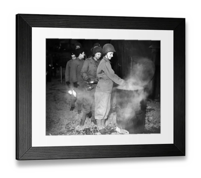 Framed Print : Women of a US Army nursing unit queue up with plates and mugs while camping in Wales to Framed Print : Women of a US Army nursing unit queue up with plates and mugs while camping in Wales to