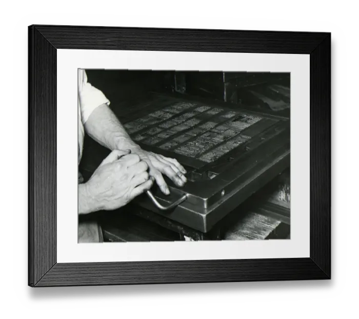 Framed Print : Daily Mirror Newspaper May 1956 Type setter locks the page before being sent to