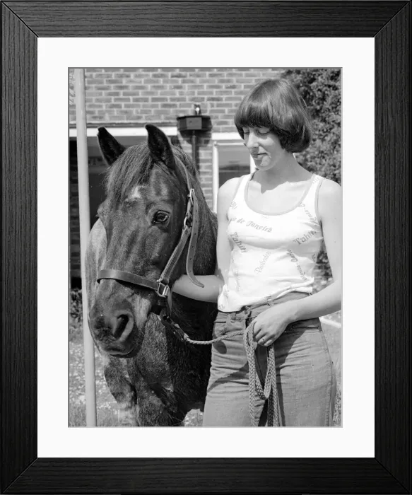 Framed Print : Sam the pet pony with his owner in the garden at his home in Woodingdean Framed Print : Sam the pet pony with his owner in the garden at his home in Woodingdean