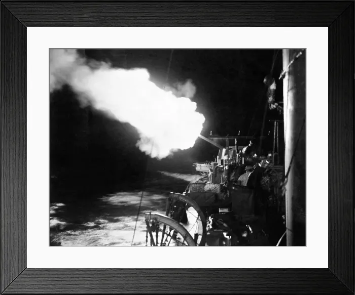 Framed Print : British Royal Navy ships carry out a bombardment of the enemy occupied port of Cherbourg