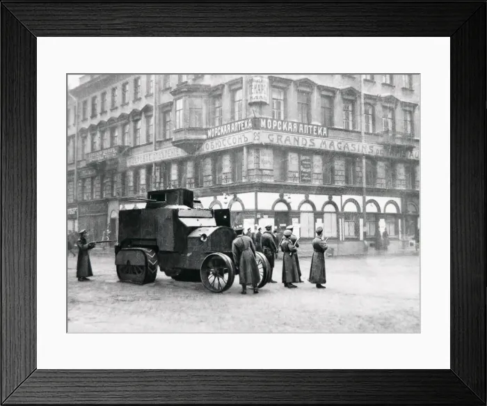 Framed Print : Bolsheviks guarding a street with an amoured car. 17th December 1917. OP726I Framed Print : Bolsheviks guarding a street with an amoured car. 17th December 1917. OP726I