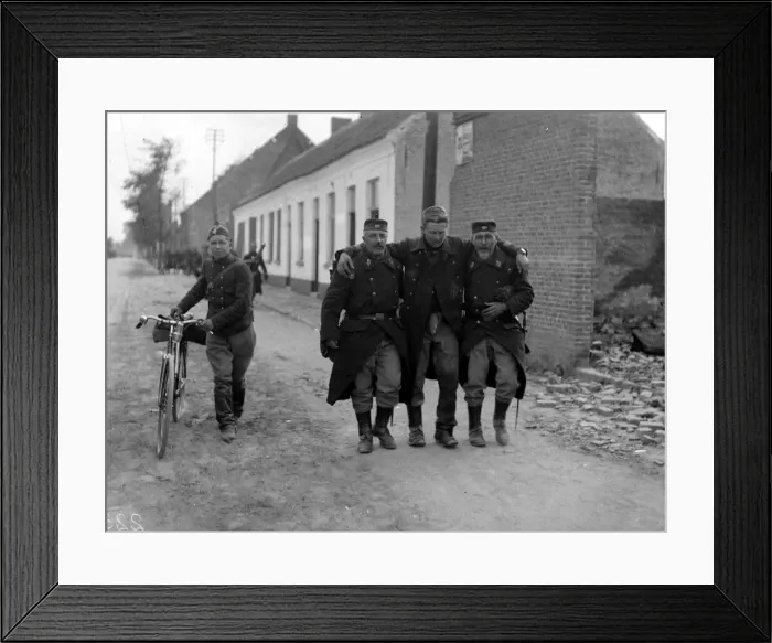 Framed Print : The Battle of Audegen Septemnber 1914 Two Belgian soldiers assist a wounded Framed Print : The Battle of Audegen Septemnber 1914 Two Belgian soldiers assist a wounded