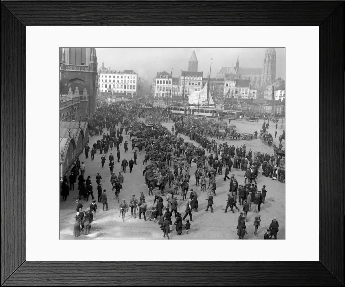 Framed Print : British troops gather outside the railway station in Ostend prior to setting off to Framed Print : British troops gather outside the railway station in Ostend prior to setting off to