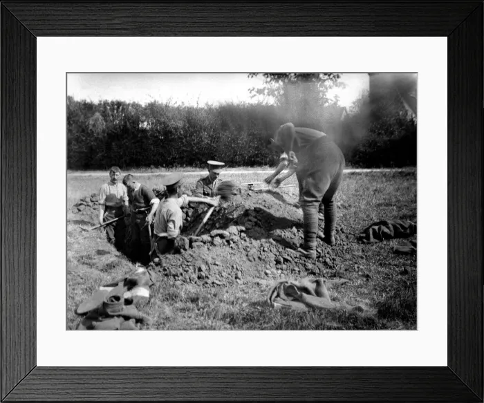 Framed Print : English soldiers digging a trench. 6th July 1914. OP707 Framed Print : English soldiers digging a trench. 6th July 1914. OP707