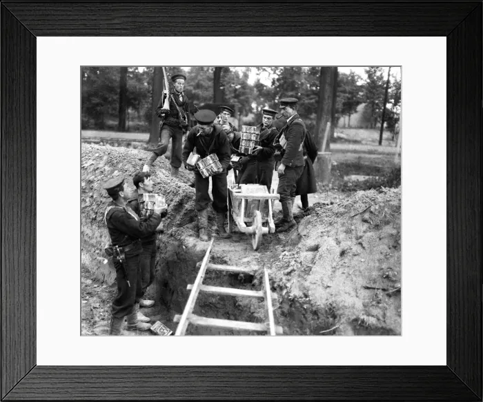 Framed Print : Tins of corned beef (Bully beef) being handed over to Royal marine naval officers near Framed Print : Tins of corned beef (Bully beef) being handed over to Royal marine naval officers near