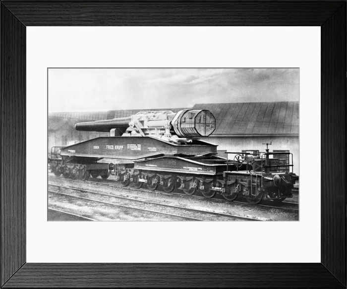 Framed Print : A Krupp heavy artillery gun loaded onto a railway truck in Germany during World War One Framed Print : A Krupp heavy artillery gun loaded onto a railway truck in Germany during World War One