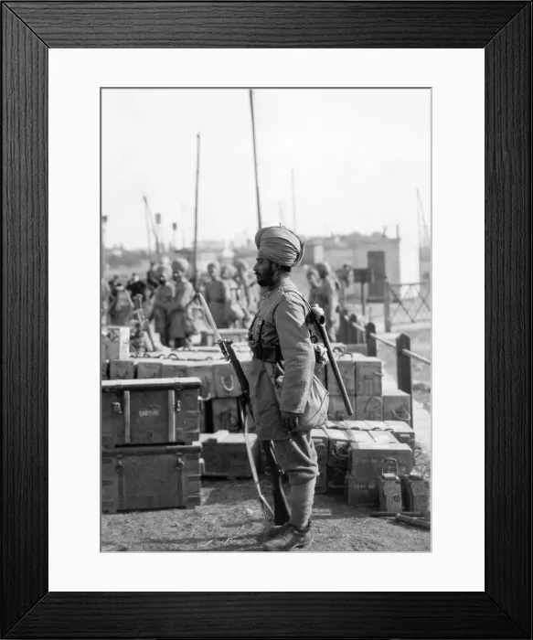 Framed Print : Indian troops in Orleans, France. Sentry guarding boxes of ammunition Framed Print : Indian troops in Orleans, France. Sentry guarding boxes of ammunition