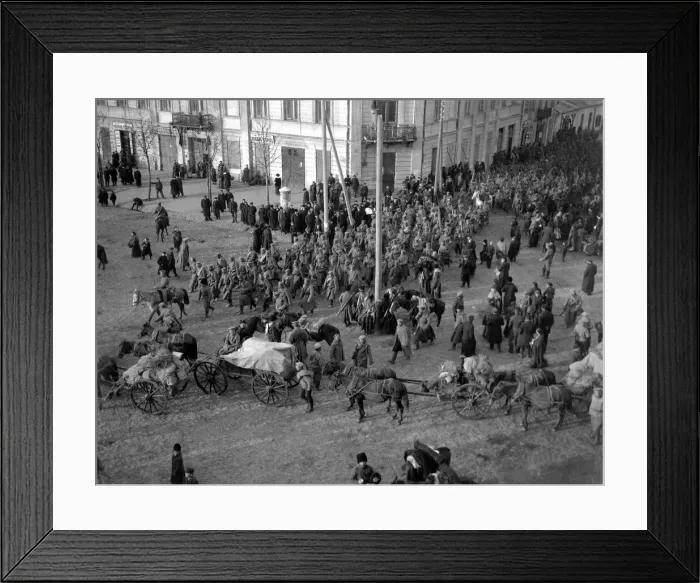 Framed Print : Last line of recruits called up going into action. Belgian troops marching down street