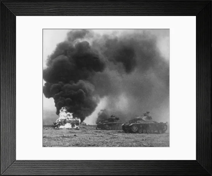 Framed Print : Enemy tanks ablaze during a battle in Cyrenaica in Libya during the Second World War Framed Print : Enemy tanks ablaze during a battle in Cyrenaica in Libya during the Second World War