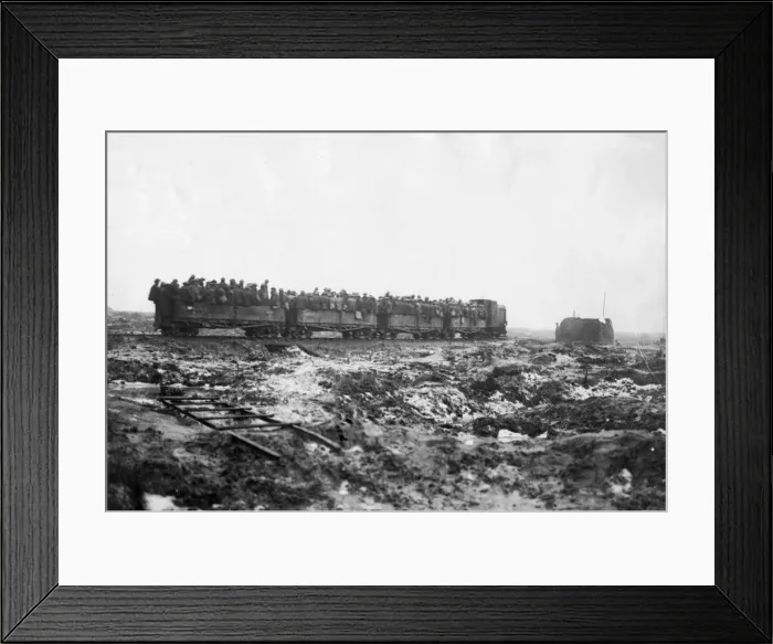 Framed Print : A British working party is carried to the frontline near Passendale by light railway Framed Print : A British working party is carried to the frontline near Passendale by light railway