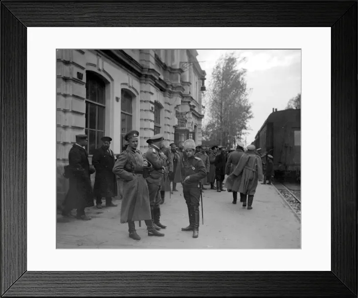 Framed Print : Russian officers gather at the frontier railway station at Radzivilov before the army Framed Print : Russian officers gather at the frontier railway station at Radzivilov before the army