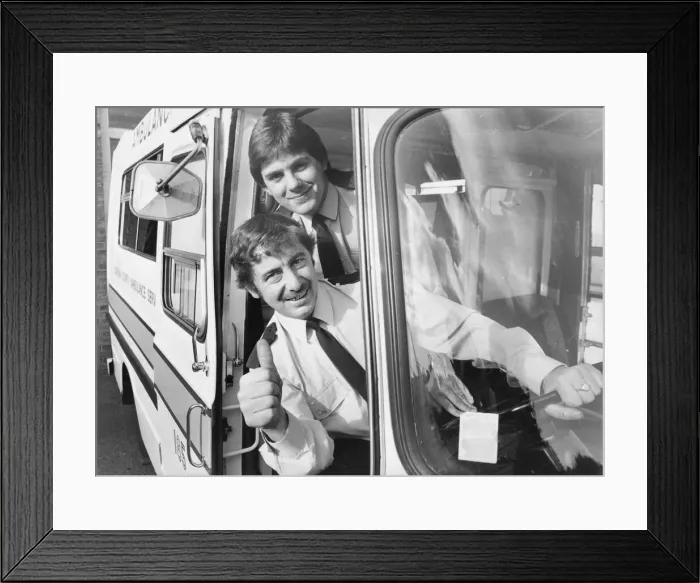 Framed Print : Ambulancemen George Stacey (top) and Gordon Dews give the thumbs-up Framed Print : Ambulancemen George Stacey (top) and Gordon Dews give the thumbs-up