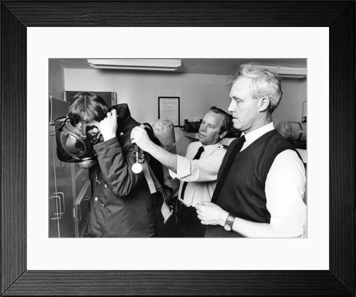Framed Print : Firefighters Roy Wilson (centre), Harry Phillips handing out advice to Jim Milne about Framed Print : Firefighters Roy Wilson (centre), Harry Phillips handing out advice to Jim Milne about