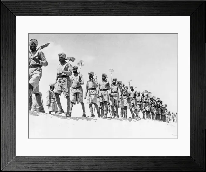 Framed Print : Sappers and miners of the Indian army marching with their shovels to do a job of digging