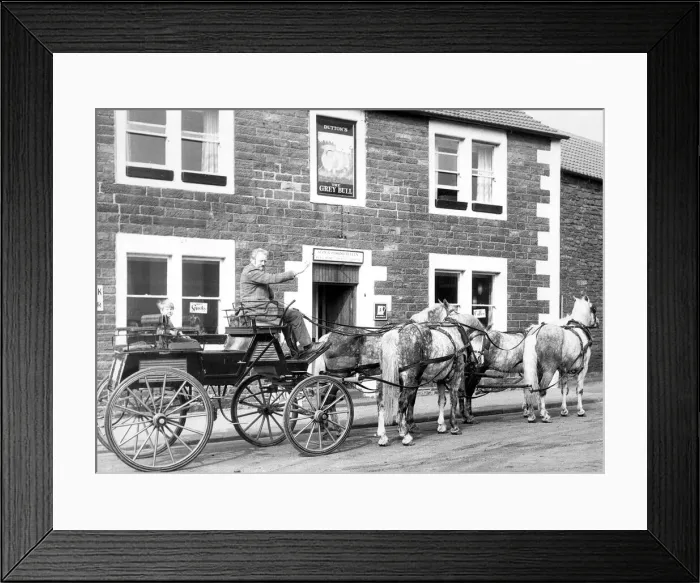 Framed Print : A snall coach an horse waiting outside The Grey Bull pub Framed Print : A snall coach an horse waiting outside The Grey Bull pub