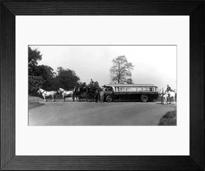 Framed Print : The Venture stagecoach standing next to its modern day equivalent a Venture coach or bus Framed Print : The Venture stagecoach standing next to its modern day equivalent a Venture coach or bus