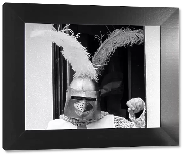 Arthur Lowe dressed up as St George during filming for the episode Knights of Madness in
