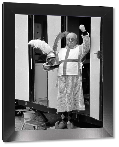Arthur Lowe dressed up as St George during filming for the episode Knights of Madness in