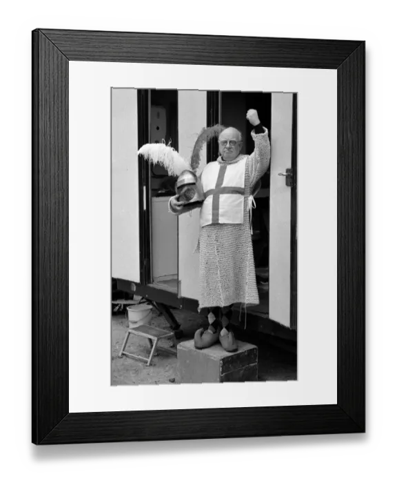 Framed Print : Arthur Lowe dressed up as St George during filming for the episode Knights of Madness in Framed Print : Arthur Lowe dressed up as St George during filming for the episode Knights of Madness in