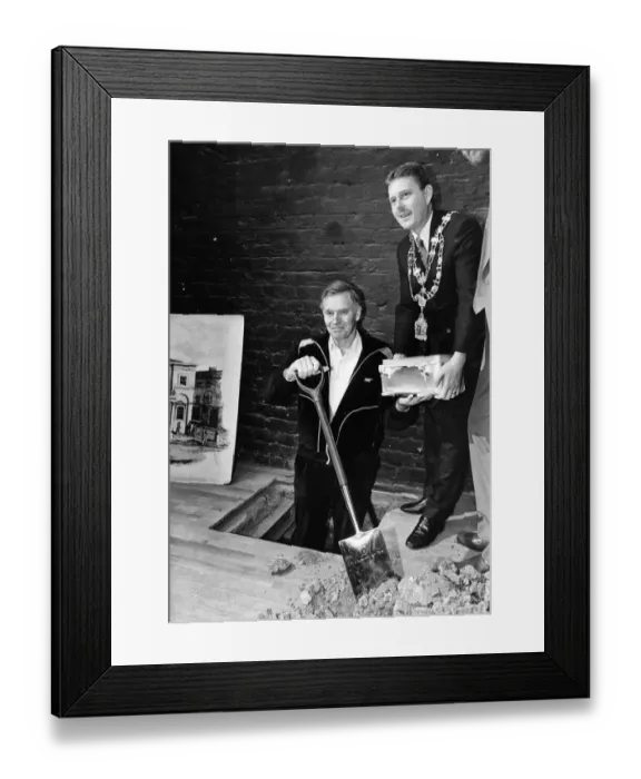 Framed Print : Charlton Heston and Coun Derek Webster with the Theatre Royal Time Capsule Framed Print : Charlton Heston and Coun Derek Webster with the Theatre Royal Time Capsule