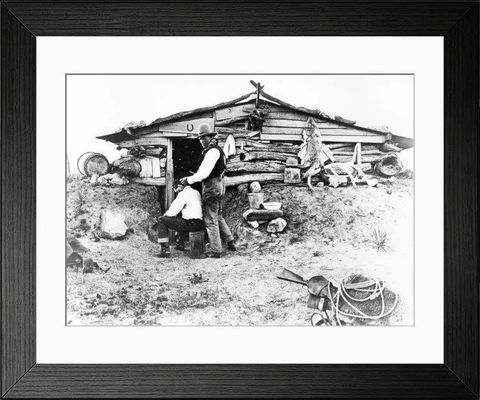 Framed Print : Typical rough bunkhouse for cowboys on the trail at the turn of the century in USA