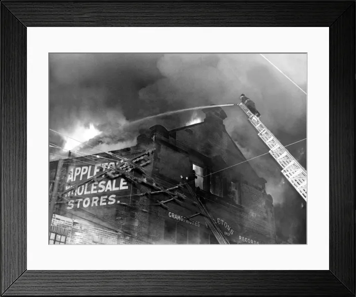 Framed Print : Firefighters batlle to contain the fire at the Appletons warehouse buildings on New Framed Print : Firefighters batlle to contain the fire at the Appletons warehouse buildings on New
