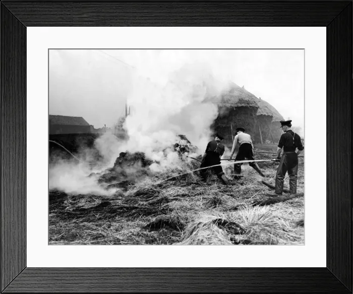 Framed Print : Firefighters fight to contain the stack fire at Manor House Farm, Kenton, Newcastle Framed Print : Firefighters fight to contain the stack fire at Manor House Farm, Kenton, Newcastle
