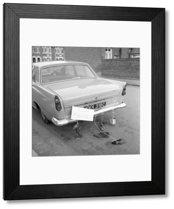 Framed Print : Just Married: Wedding car boots and can. 1970 A1264 Local Caption Greeting Cards