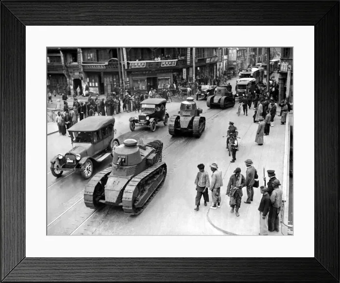 Framed Print : French Army Tanks rolling through the streets of Shanghai in China during the civil war