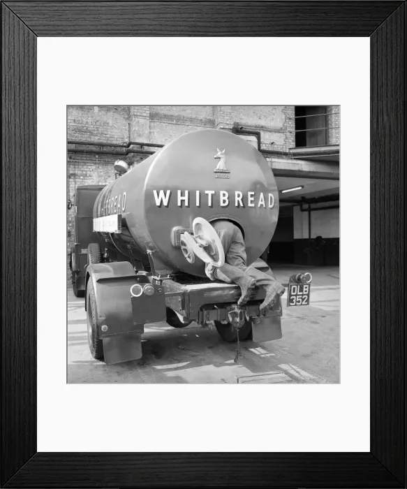 Framed Print : Driver and his mate: Clean inside of beer tanker at the Whitbread brewery