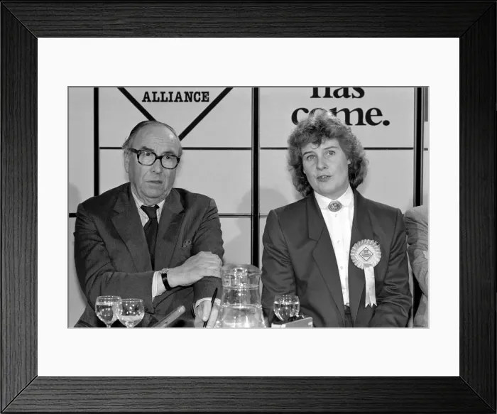 Framed Print : Roy Jenkins and Rosie Barnes at a SDP. Press conference for the Greenwich by-election Framed Print : Roy Jenkins and Rosie Barnes at a SDP. Press conference for the Greenwich by-election