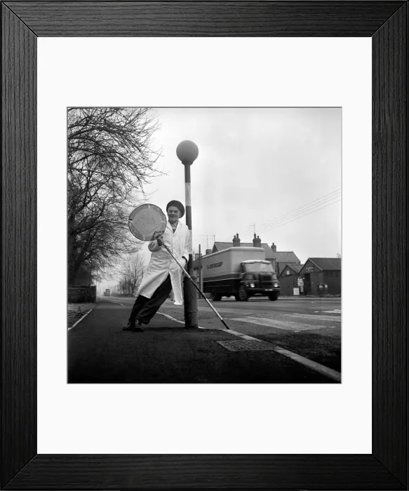 Framed Print : The Striking Lollipop man William Stimpson. His sign reads better pay