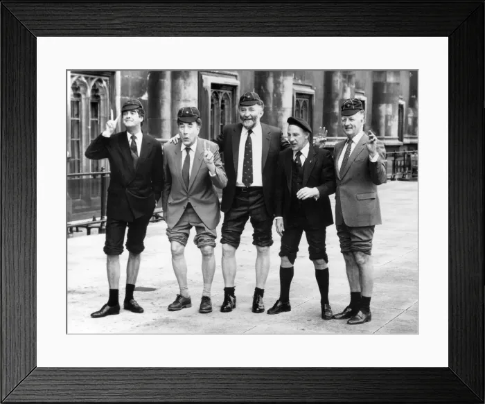 Framed Print : Four former scouts showing off their knees (left to right)- Derek Nimmo, Frankie Howerd Framed Print : Four former scouts showing off their knees (left to right)- Derek Nimmo, Frankie Howerd