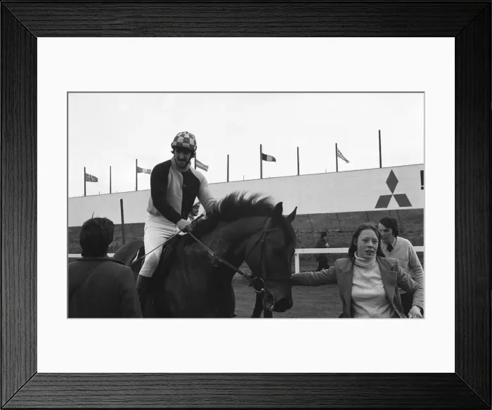 Framed Print : Jimmy Hill 1975 Aintree horse back dressed as jockey Framed Print : Jimmy Hill 1975 Aintree horse back dressed as jockey
