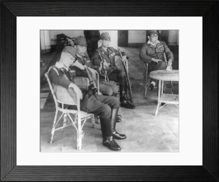 Framed Print : Japanese officers in Saigon, French Indo China, wait for the arrival of Major Douglas