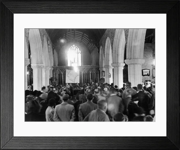 Framed Print : Church meeting before villagers evacuate to allow American army manouvres Framed Print : Church meeting before villagers evacuate to allow American army manouvres
