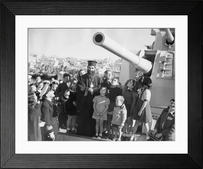 Framed Print : The Bishop of Piraeus with Commander Foster-Brown of the Royal Navy pictured with a group Framed Print : The Bishop of Piraeus with Commander Foster-Brown of the Royal Navy pictured with a group