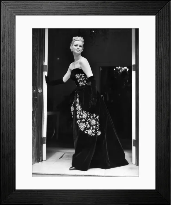 Framed Print : Hartnell - Autumn Collection. Queen of Diamonds - A strapless, black velvet dress Framed Print : Hartnell - Autumn Collection. Queen of Diamonds - A strapless, black velvet dress