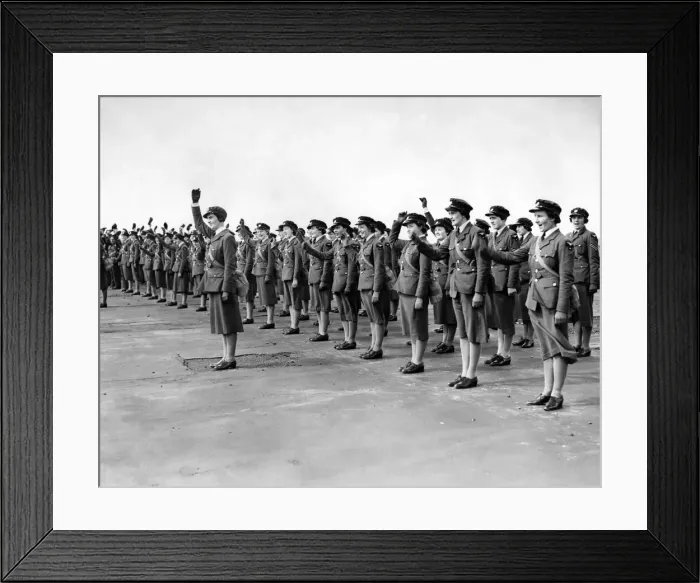 Framed Print : World War II Women. W. A. A. Fs cheer the King after he decorates the airmen Framed Print : World War II Women. W. A. A. Fs cheer the King after he decorates the airmen