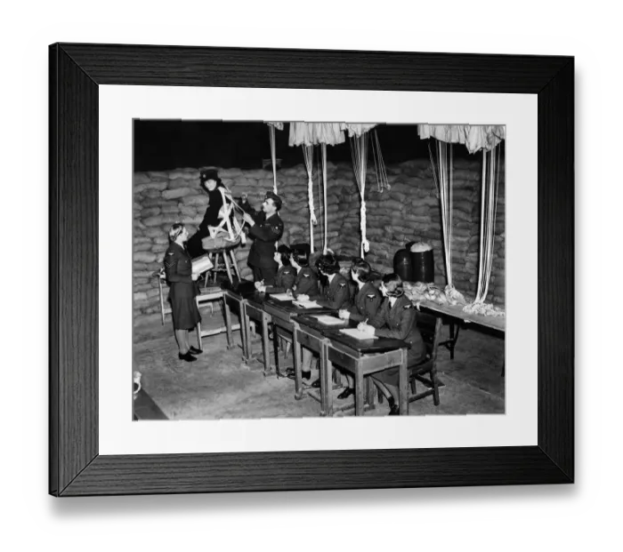 Framed Print : World War II Women. A parachute packing class in progress, with the parachutes hanging up Framed Print : World War II Women. A parachute packing class in progress, with the parachutes hanging up