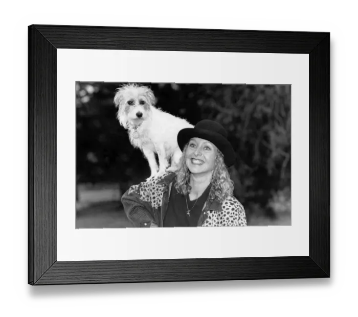 Framed Print : Stage and television actress Liza Goddard with her canine friend Framed Print : Stage and television actress Liza Goddard with her canine friend