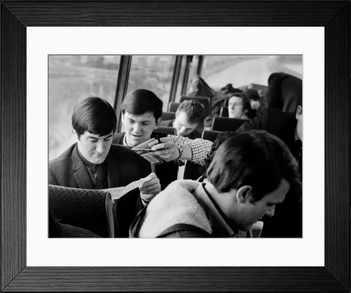 Framed Print : Pop group The Fourmost on tour Musicians Mike Cotton (left Framed Print : Pop group The Fourmost on tour Musicians Mike Cotton (left