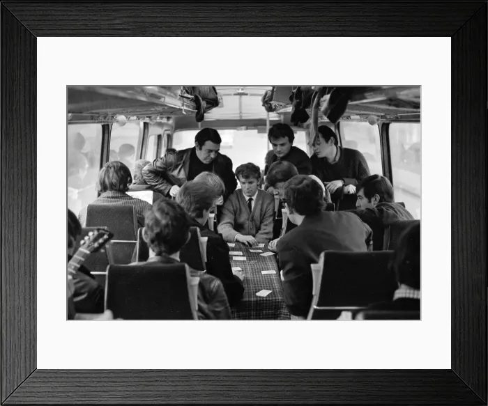 Framed Print : Pop group The Fourmost on tour A game of cards for members of the band Framed Print : Pop group The Fourmost on tour A game of cards for members of the band