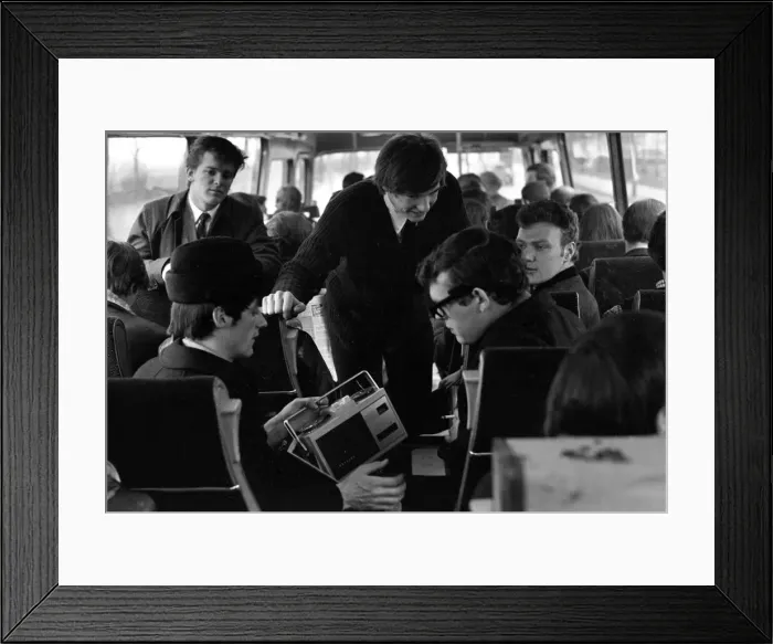 Framed Print : Pop group The Fourmost on tour Lead singer Brian O Hara (on the left wearing a hat Framed Print : Pop group The Fourmost on tour Lead singer Brian O Hara (on the left wearing a hat