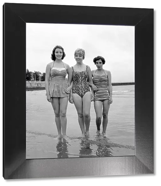 Beauty contest girls playing on the beach at Torquay. 7th September 1960