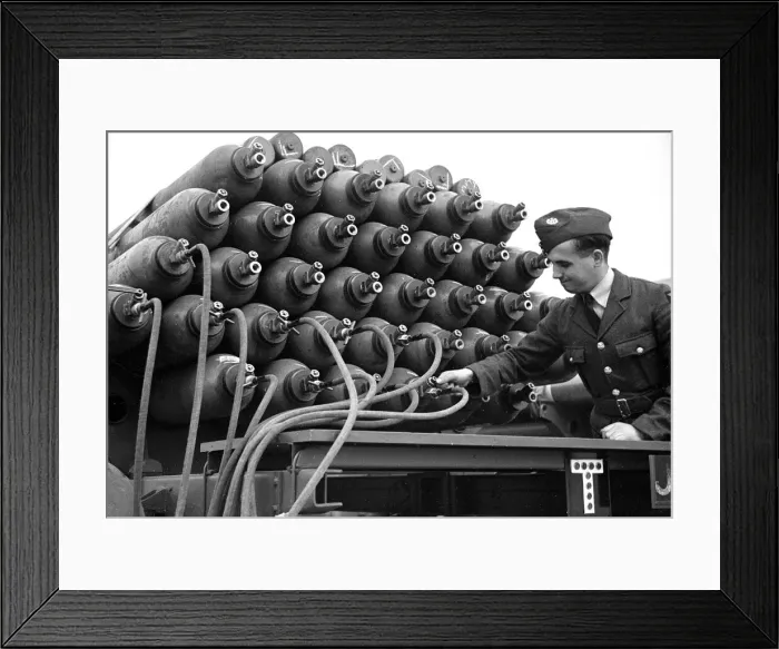 Framed Print : Barrage Balloon canisters at Hook, Surrey. October 1938 Framed Print : Barrage Balloon canisters at Hook, Surrey. October 1938