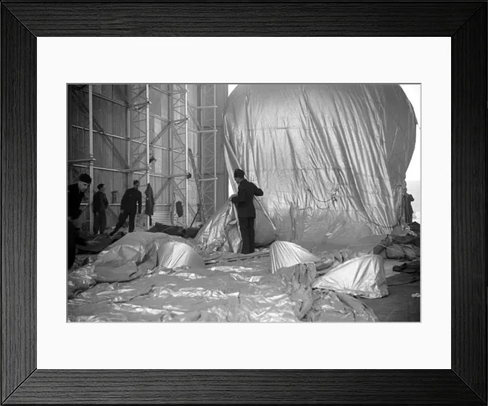 Framed Print : Barrage Balloon being filled in its hangar at Hook, Surrey. October 1938 Framed Print : Barrage Balloon being filled in its hangar at Hook, Surrey. October 1938