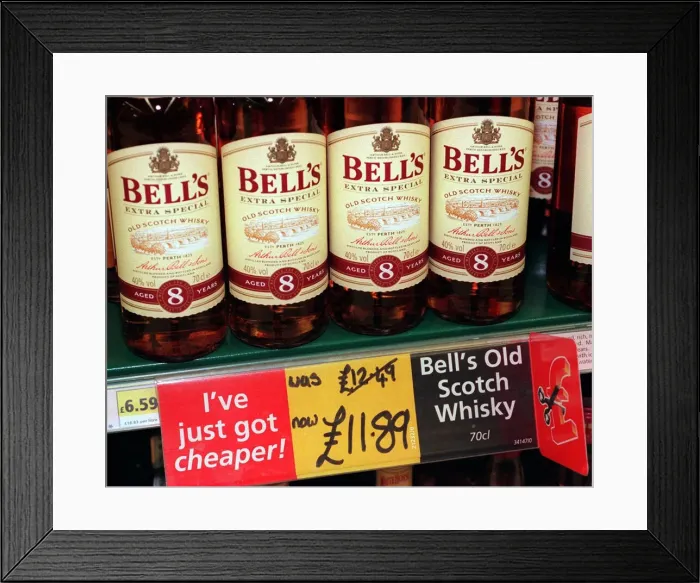 Framed Print : Tesco Price Cuts February 1999 Bells whisky reduced by 60p point of sale