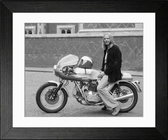 Framed Print : Yes keyboard player Rick Wakeman seen here riding a Ducati motorcycle Framed Print : Yes keyboard player Rick Wakeman seen here riding a Ducati motorcycle