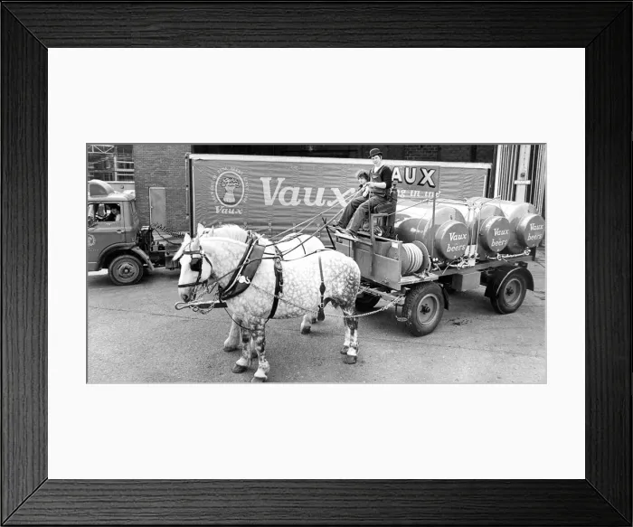 Framed Print : A horse tanker leaves Vaux Brewery, Sunderland on deliveries in 1979 Framed Print : A horse tanker leaves Vaux Brewery, Sunderland on deliveries in 1979